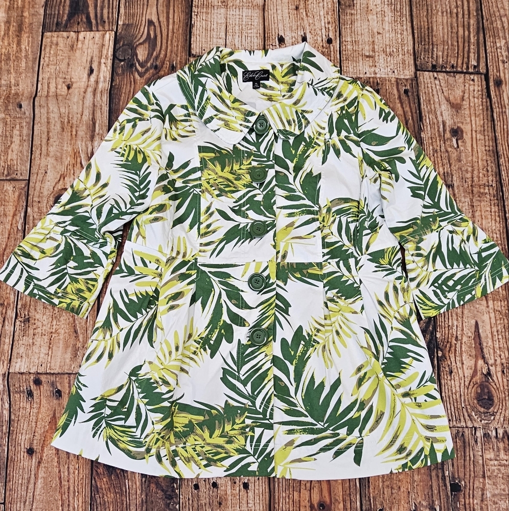 Eden Court Women's Jacket Green Leaf Design Bell Sleeve Size XL